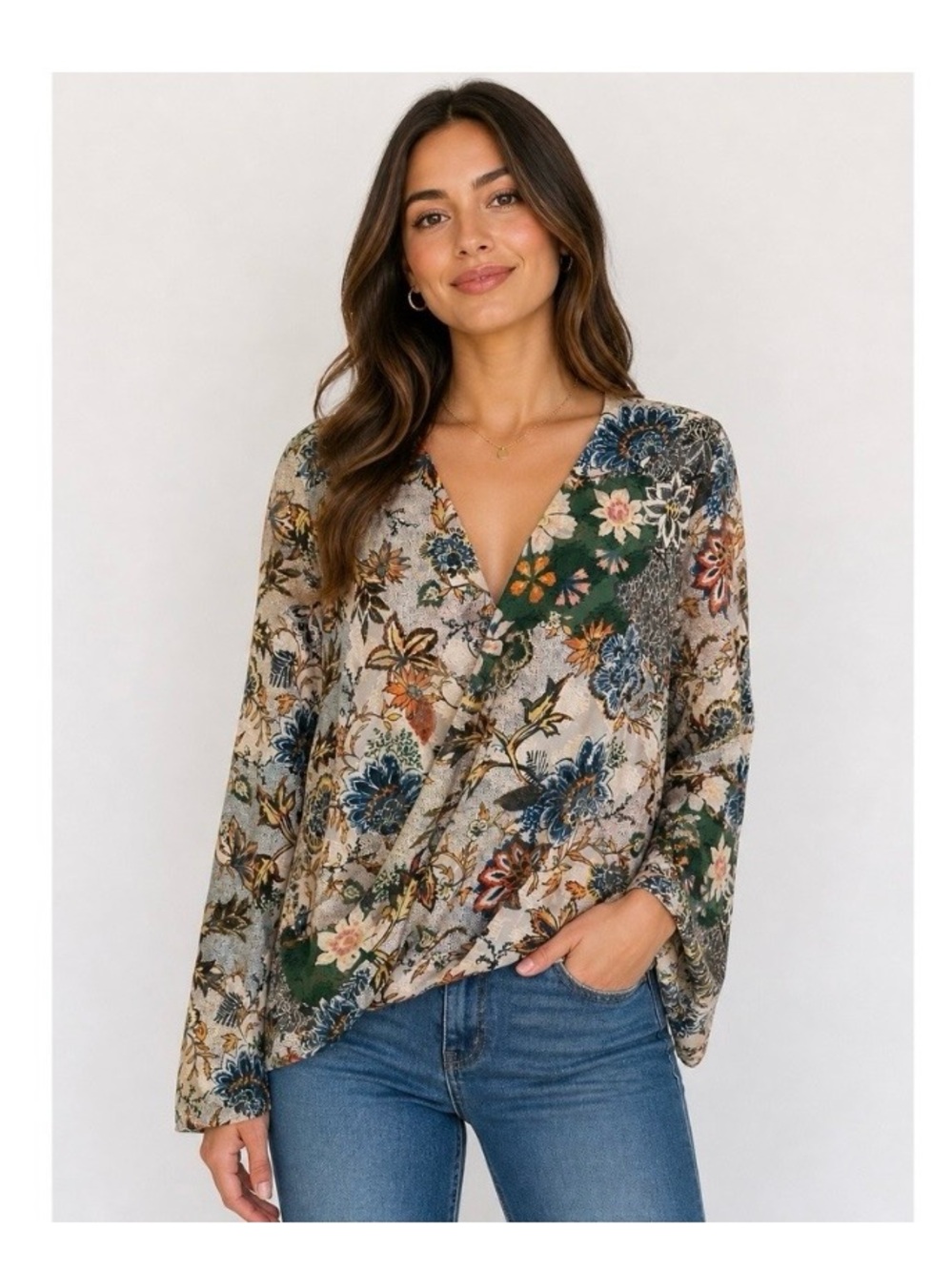 RACHEL Rachel Roy Green Multicolor Floral Surplice Blouse